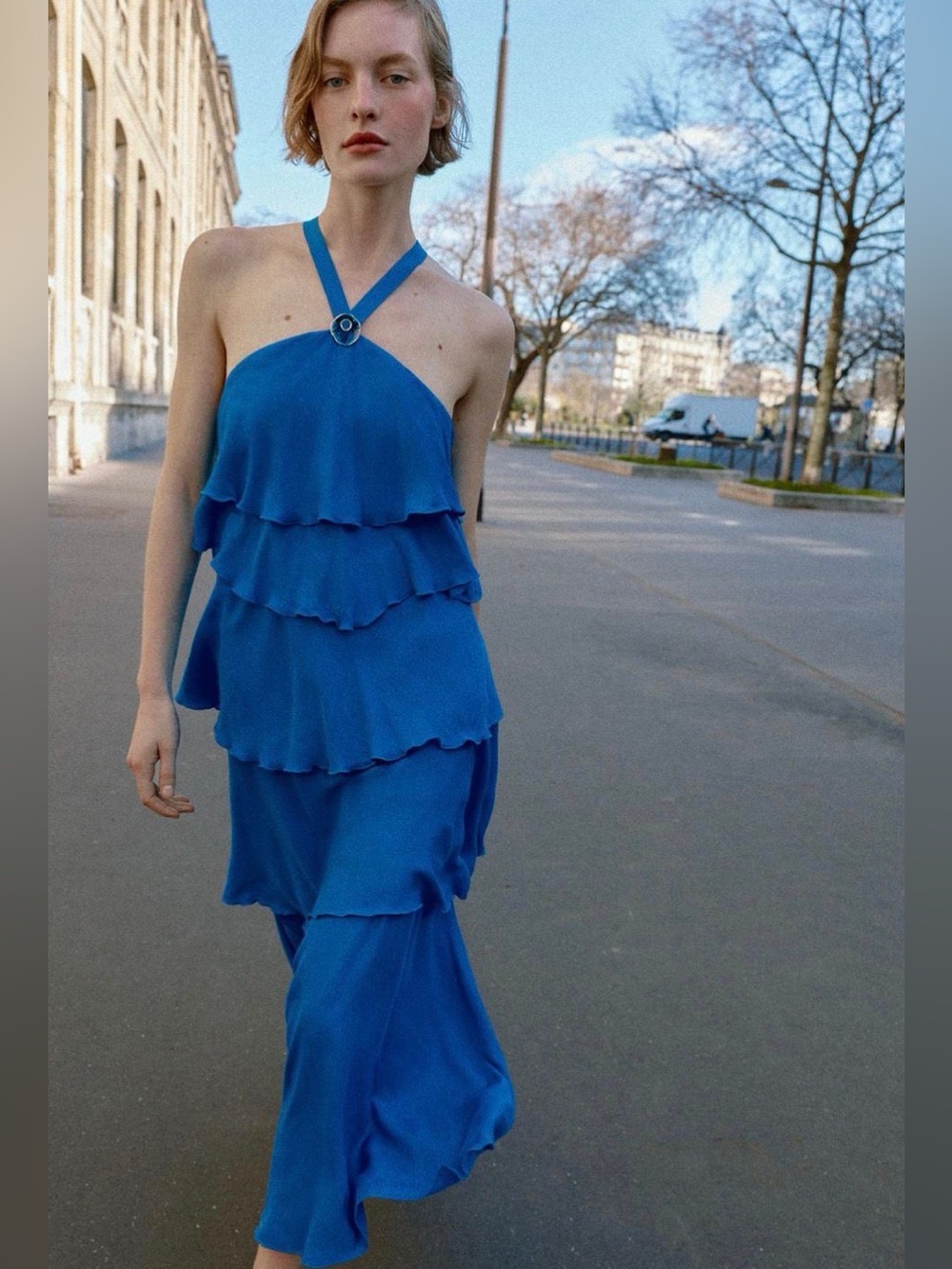 Zara Royal Blue Tiered Halter Maxi Dress